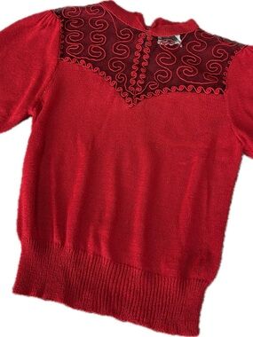 Vintage Red Scoop-Neck Sweater with Embroidered Yoke